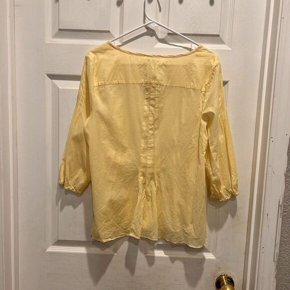 J. Jill Women’s Yellow Cotton Blouse Size Medium Boxy Semi Sheer Pleated Spring - Picture 7 of 9